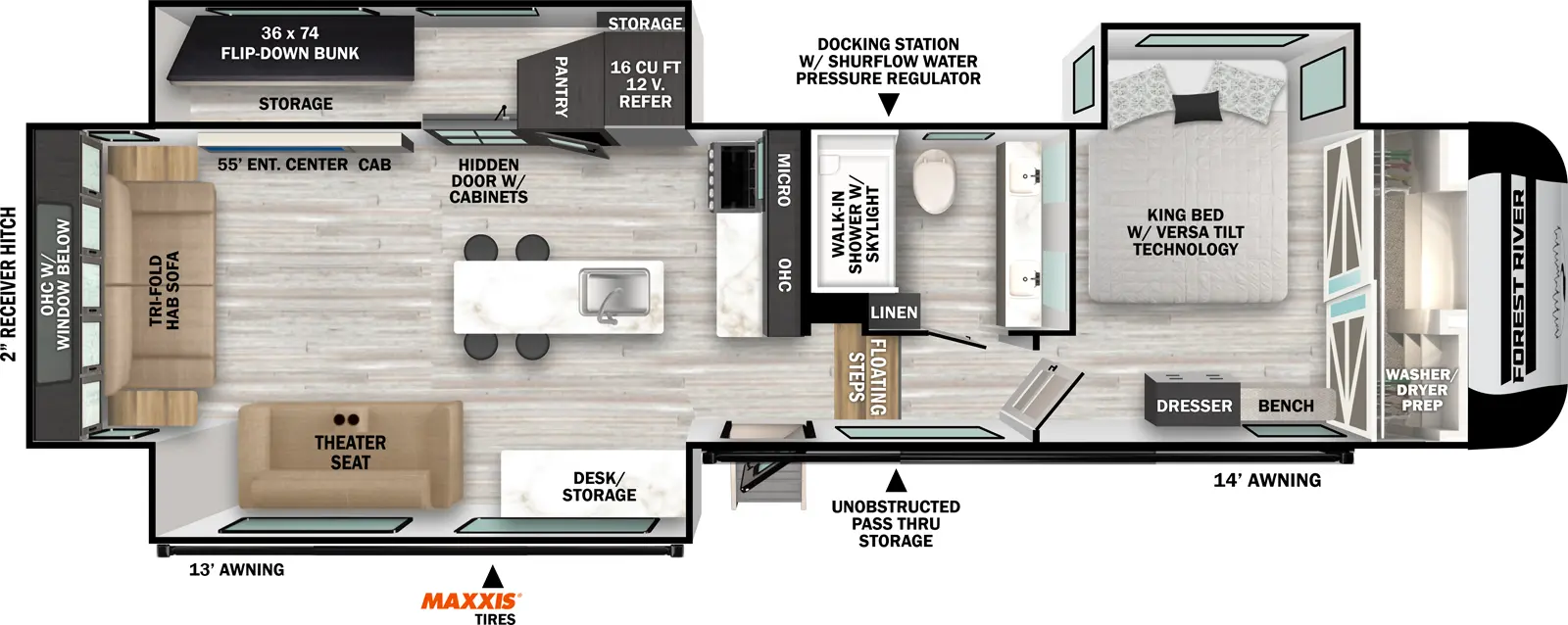 The Impression 318RLVIEW floorplan has one entry and three slide outs. Exterior features include: fiberglass exterior and 13' & 14' awning. Interiors features include: bunk beds, kitchen island, front bedroom and rear living.